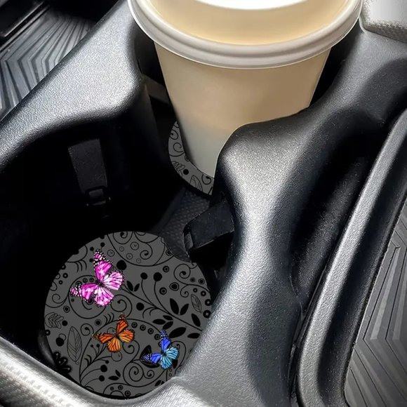 New 2pc Set Butterfly Design Auto Cup Holder Coasters - Picture 4 of 8